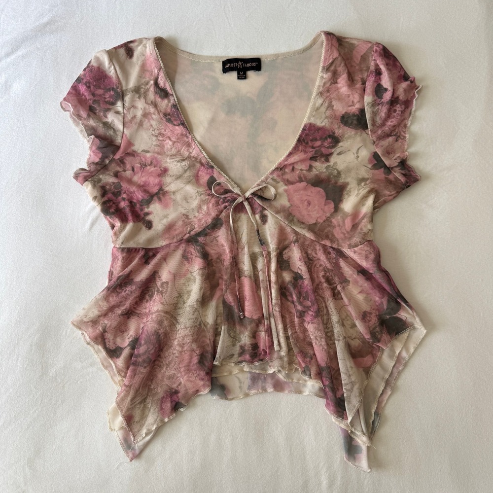 Y2K Babydoll Rose Mesh Tie Front Top M Pink Handkerchief Hem Coquette Fairy